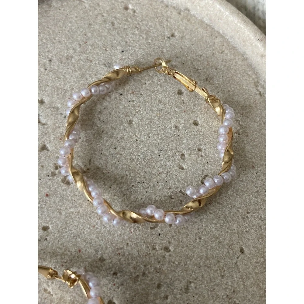 Gold Tone Twisted Hoop‎ Earrings with Faux Pearl Beads Romantic Feminine Glam
